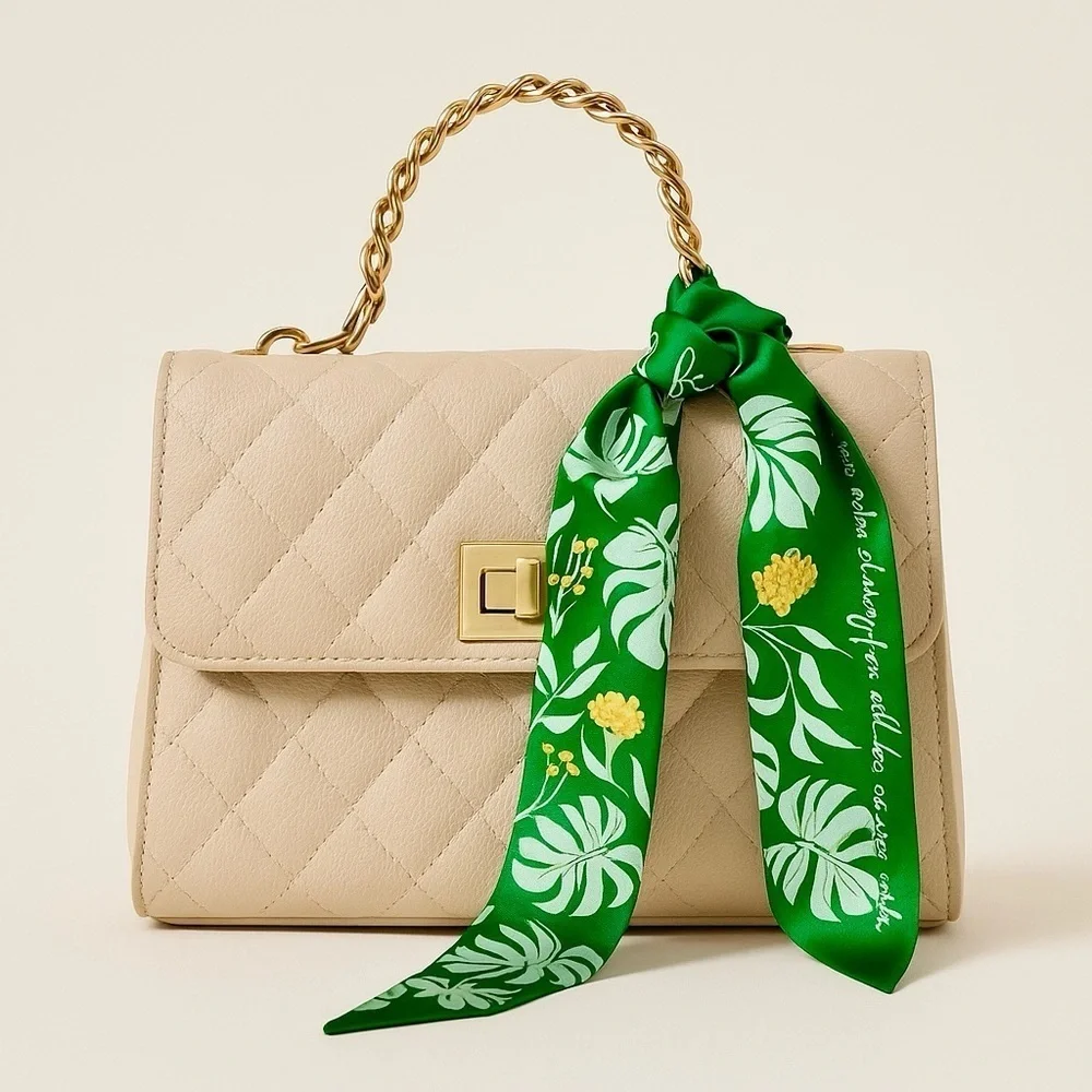 Green Boho Floral Print Long Scarf – Elegant Silk-Inspired Accessory